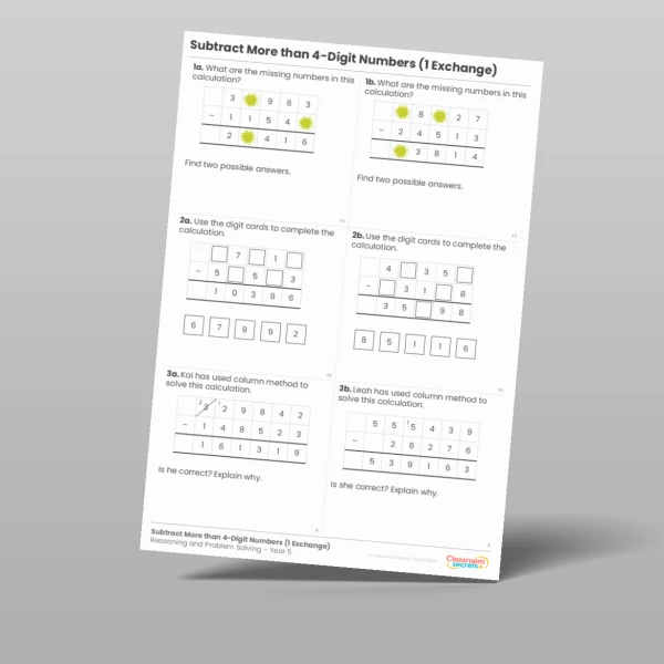 An image of the Subtract More than 4-Digit Numbers (1 Exchange) Reasoning and Problem Solving Resource