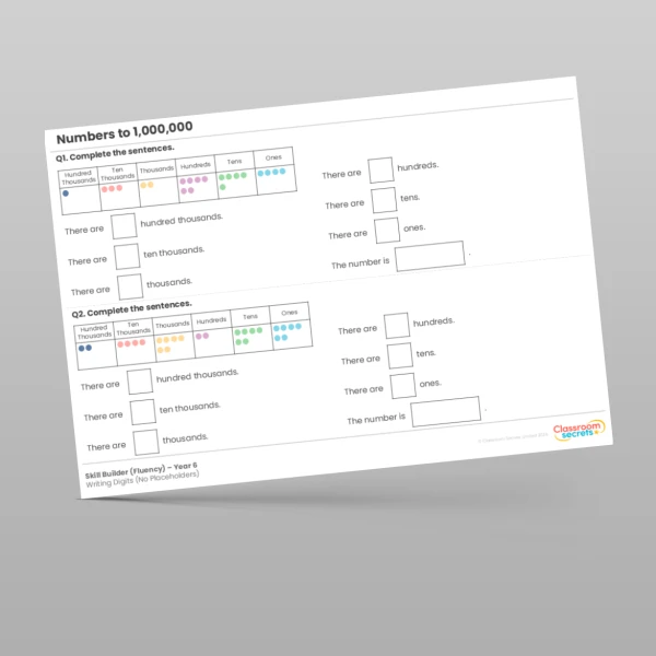 An image of the Numbers to 1,000,000 Writing Digits (No Placeholders) Skill Builder Resource
