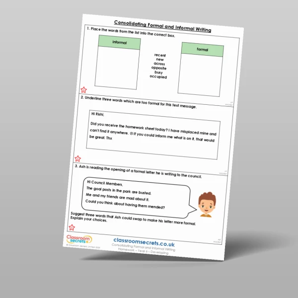 An image of the Consolidating Formal and Informal Writing Homework Resource