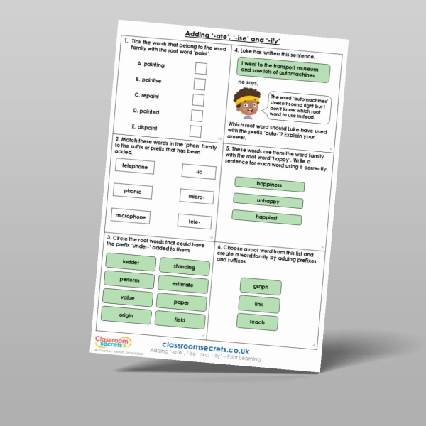 An image of the Adding '-ate', '-ise' and '-ify' Prior Learning Resource