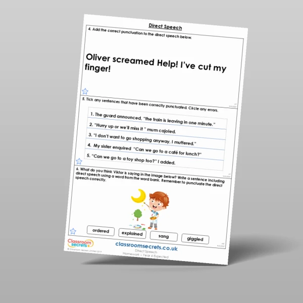 An image of the Direct Speech Homework Resource