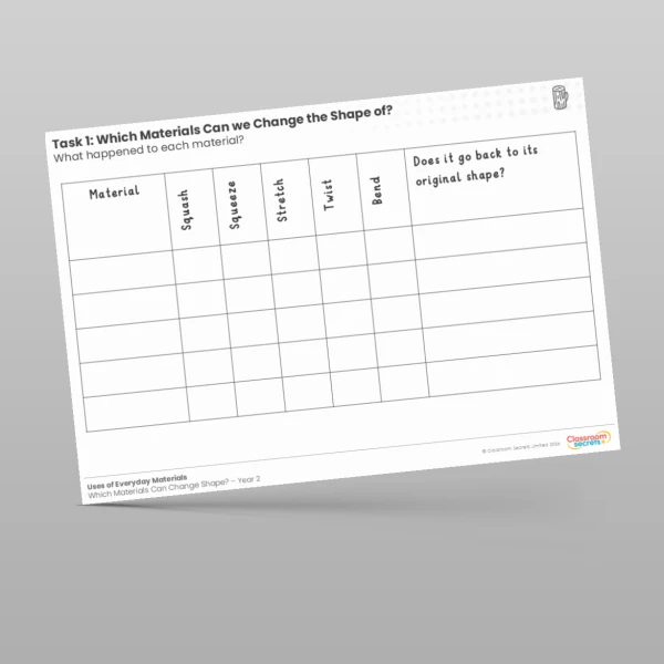 An image of the Lesson 6: Which Materials Can we Change the Shape of? Investigation Worksheet Resource