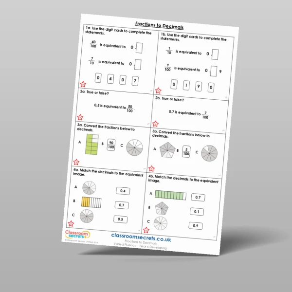 An image of the Fractions to Decimals Varied Fluency Resource