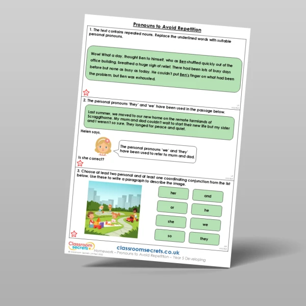An image of the Free Pronouns to Avoid Repetition Homework Resource