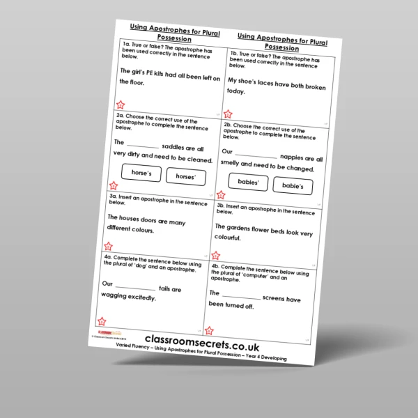 An image of the Using Apostrophes for Plural Possession Varied Fluency Resource
