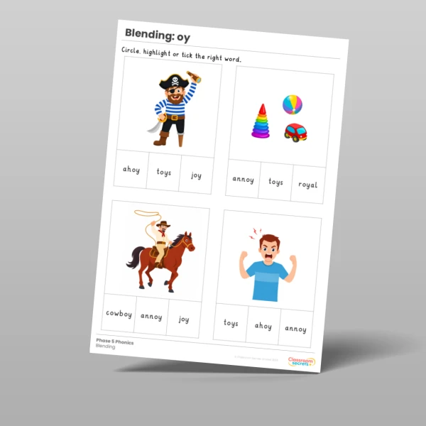 An image of the Phonics Blending Activities: oy Resource