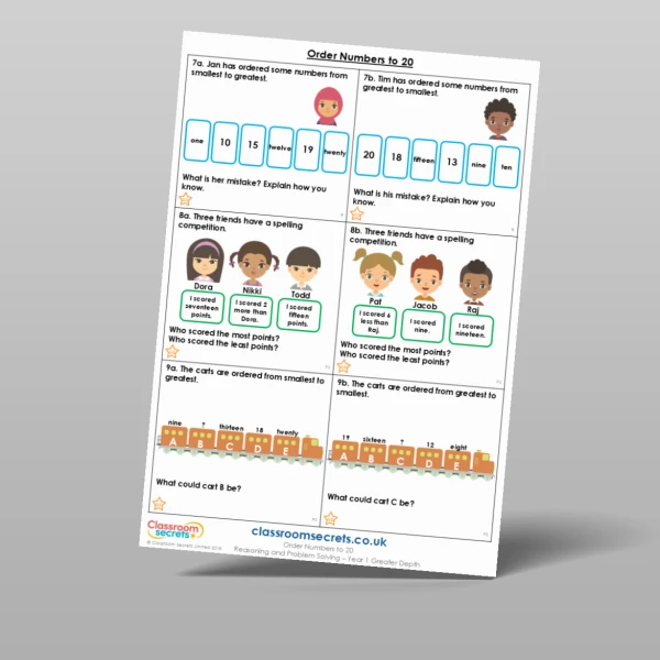 An image of the Order Numbers to 20 Reasoning and Problem Solving Resource