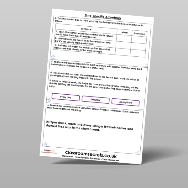 An image of the Time-Specific Adverbials Homework Resource