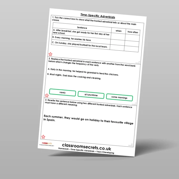 An image of the Time-Specific Adverbials Homework Resource