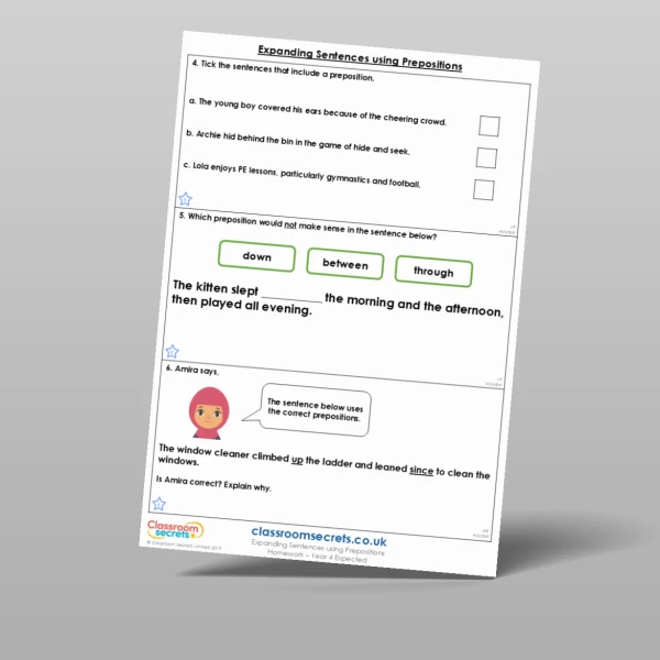 An image of the Expanding Sentences using Prepositions Homework Resource