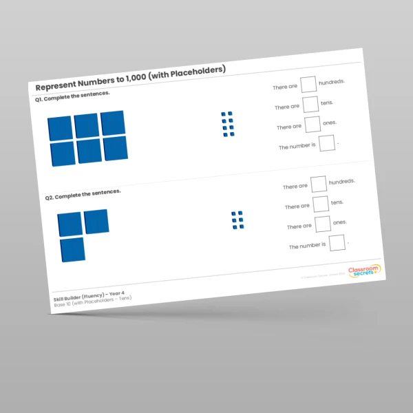 An image of the Represent Numbers to 1,000 Base 10 (with Placeholders - Tens) Skill Builder Resource