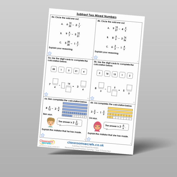 Subtract Two Mixed Numbers Reasoning and Problem Solving Resource ...