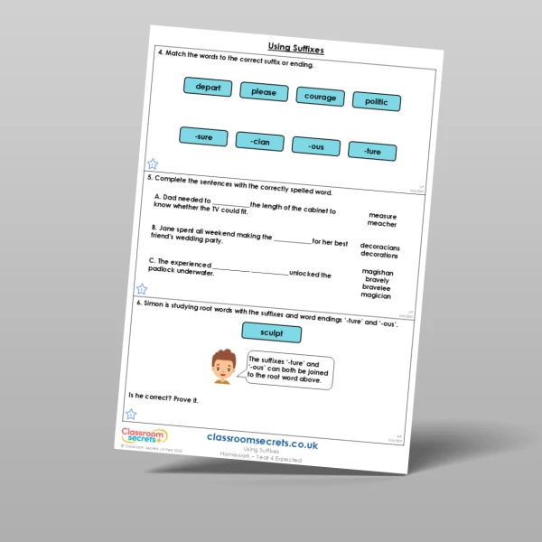 An image of the Using Suffixes Homework Resource