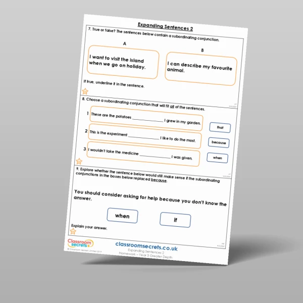 An image of the Expanding Sentences 2 Homework Resource