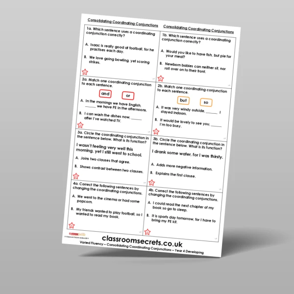 An image of the Consolidating Coordinating Conjunctions Varied Fluency Resource
