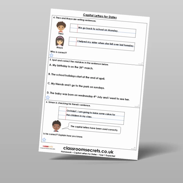 An image of the Capital Letters for Dates Homework Resource