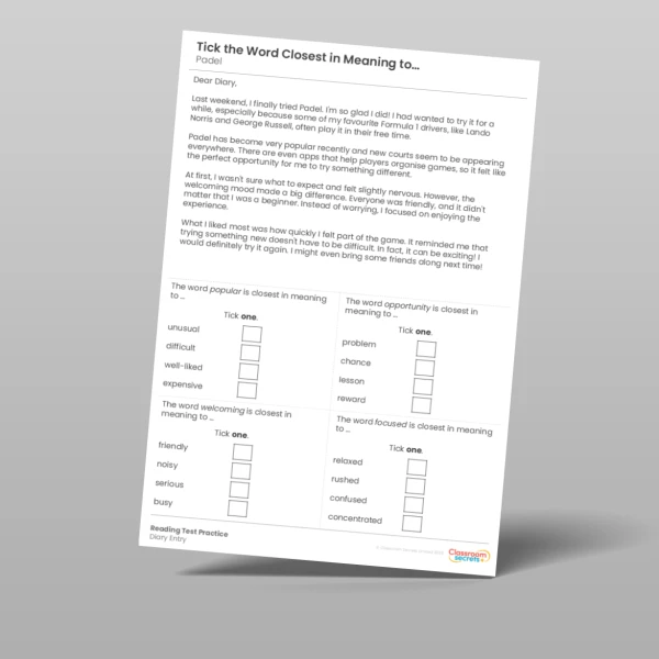 An image of the Tick the Word Closest in Meaning Reading Test Practice Sport Resource