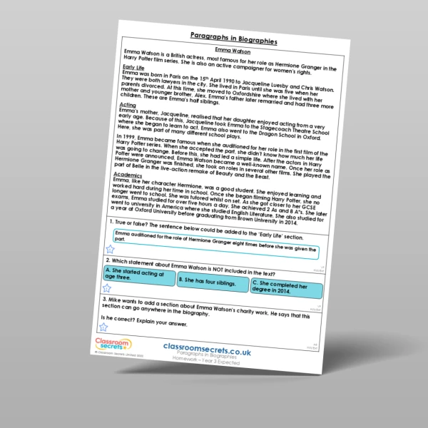 An image of the Paragraphs in Biographies Homework Resource