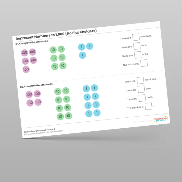 An image of the Represent Numbers to 1,000 Place Value Counters (No Placeholders) Skill Builder Resource
