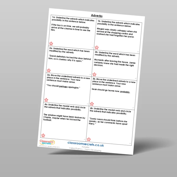 An image of the Adverbs Varied Fluency Resource