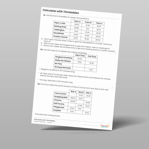 An image of the Calculate with Timetables Varied Fluency Resource