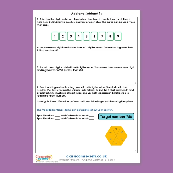 Year 3 Add and Subtract 1s Addition and Subtraction Deeper Reasoning Discussion Problem