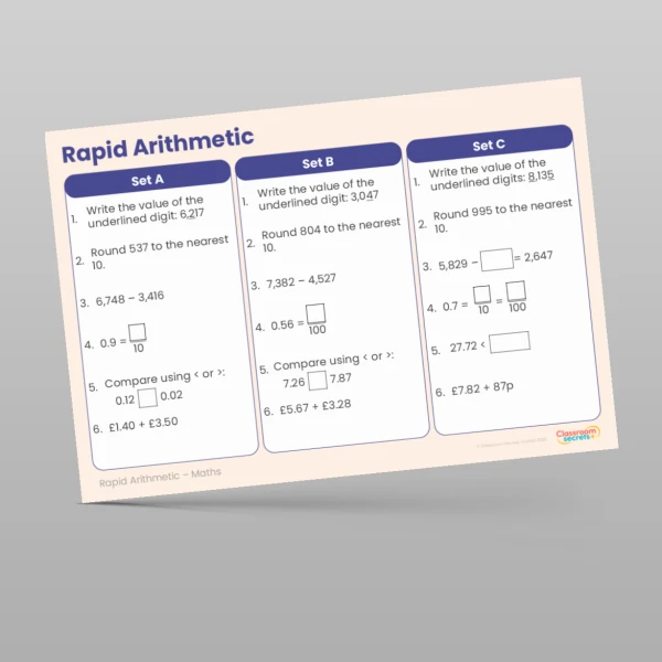 An image of the Summer 1 Week 6 Rapid Arithmetic Resource