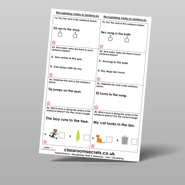 An image of the Recognising Verbs in Sentences Varied Fluency Resource
