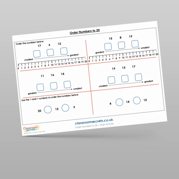 An image of the Order Numbers to 20 Main Activity Resource