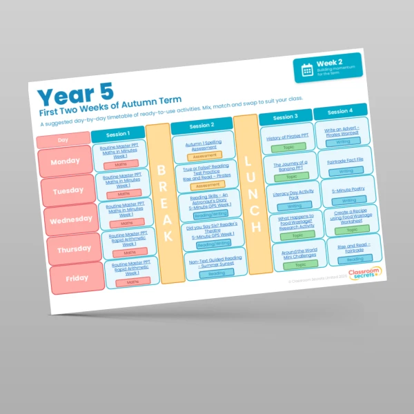 An image of the Free First Two Weeks of Autumn Term Timetable Resource