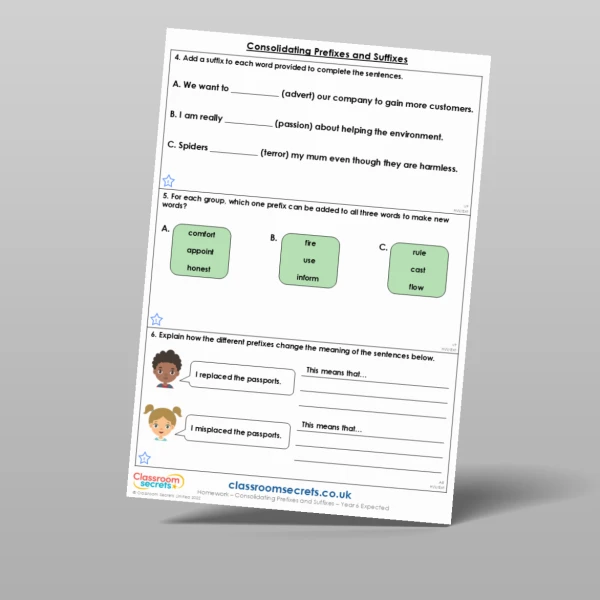 An image of the Consolidating Prefixes and Suffixes Homework Resource