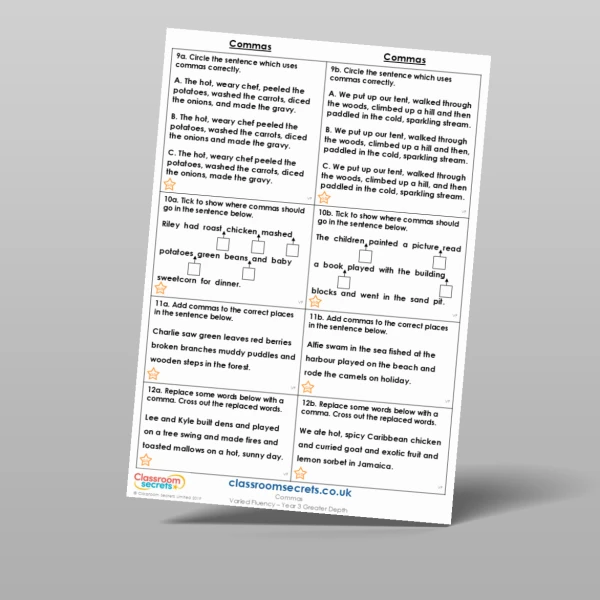 An image of the Commas Varied Fluency Resource
