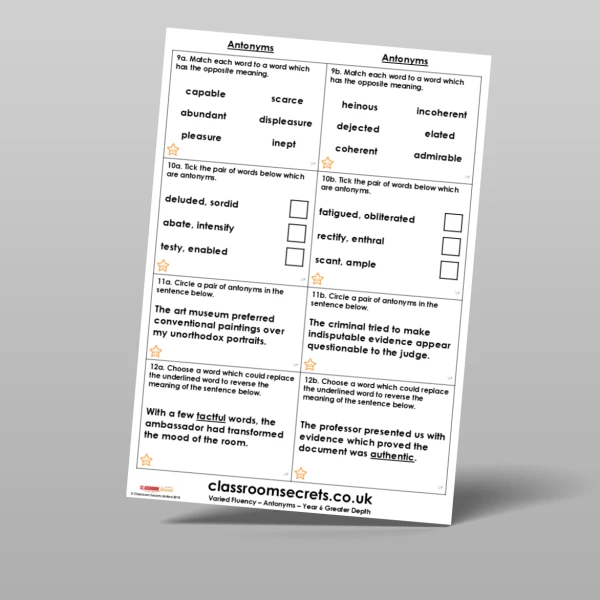 An image of the Antonyms Varied Fluency Resource