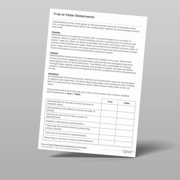 An image of the True or False Statements Reading Test Practice - Sustainability Resource