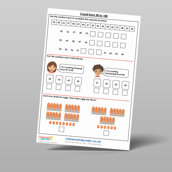 Year 1 count from 50 to 100 prior learning resource classroom secrets