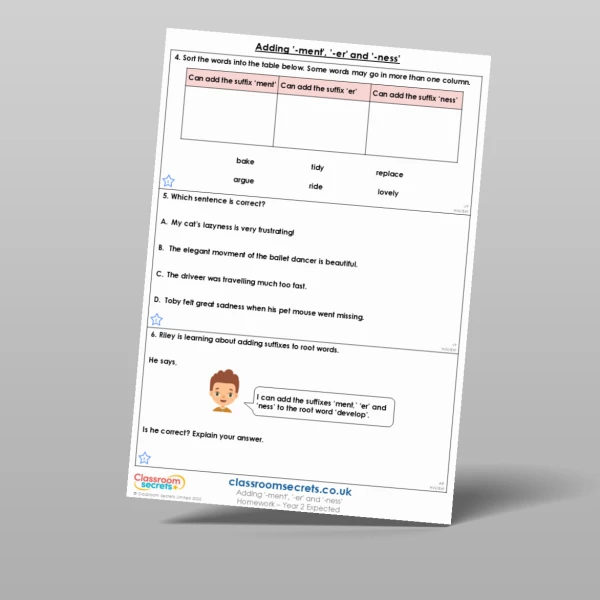 An image of the Adding '-ment', '-er' and '-ness' Homework Resource