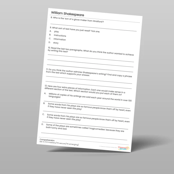An image of the William Shakespeare Comprehension Pack Resource