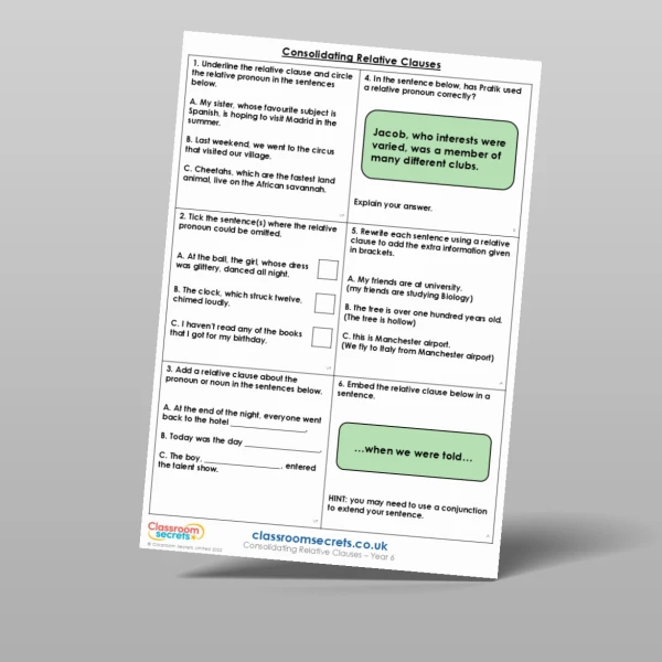 An image of the Consolidating Relative Clauses Mixed Activity Resource
