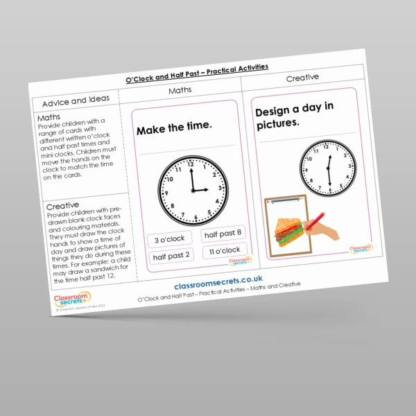 An image of the O'Clock and Half Past Practical Activities Resource