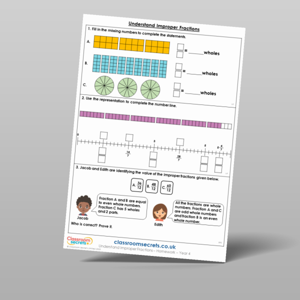 Year 4 Understand Improper Fractions Homework Resource | Classroom Secrets