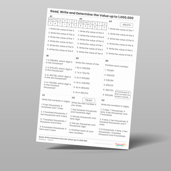 Year 6 Read Write And Determine The Value Up To 1 000 000 Fluency ...