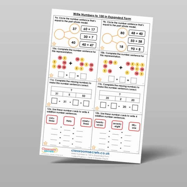 An image of the Write Numbers to 100 in Expanded Form Varied Fluency Resource