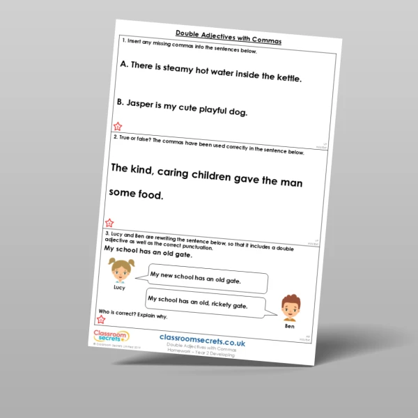 An image of the Double Adjectives with Commas Homework Resource