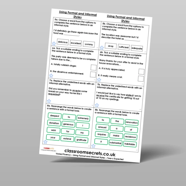 An image of the Using Formal and Informal Styles Varied Fluency Resource