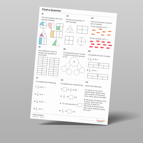 Year 2 Find A Quarter Fluency Matrix Resource | Classroom Secrets