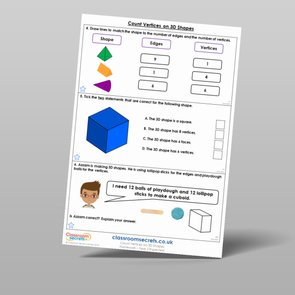 Year 2 Count Vertices On 3d Shapes Homework Resource | Classroom Secrets