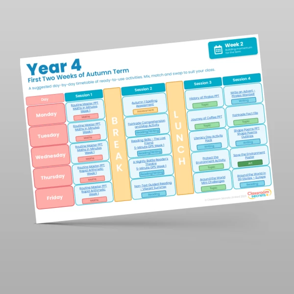 An image of the Free First Two Weeks of Autumn Term Timetable Resource