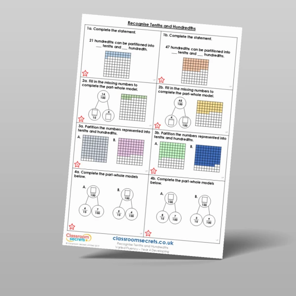 An image of the Recognise Tenths and Hundredths Varied Fluency Resource