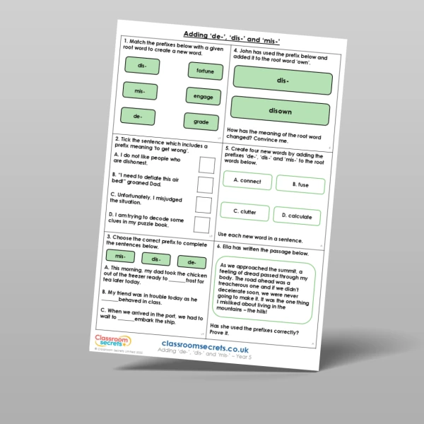 An image of the Free Adding 'de-', 'dis-', and 'mis-' Mixed Activity Resource