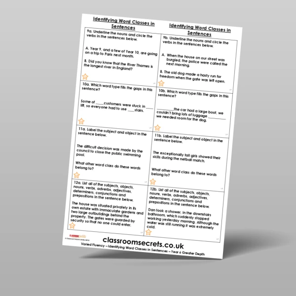 An image of the Identifying Word Classes in Sentences Varied Fluency Resource